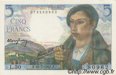 5 Francs BERGER FRANCE  1943 F.05.02 NEUF