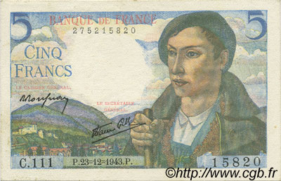 5 Francs BERGER FRANCE  1943 F.05.05 AU+