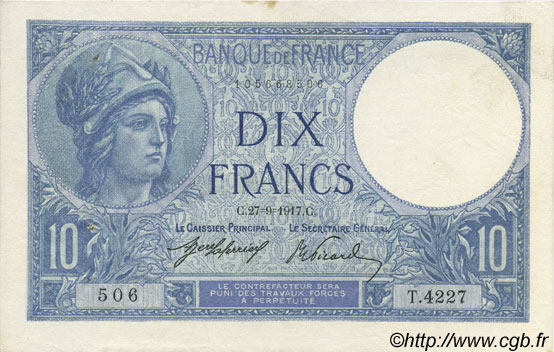 10 Francs MINERVE FRANKREICH  1917 F.06.02 VZ+
