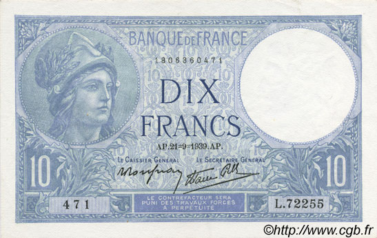 10 Francs MINERVE modifié FRANCIA  1939 F.07.08 AU