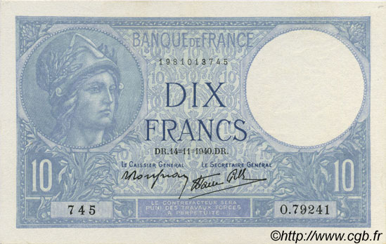 10 Francs MINERVE modifié FRANCE  1940 F.07.20 AU
