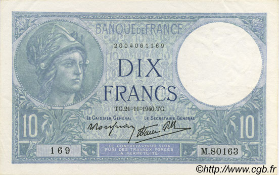 10 Francs MINERVE modifié FRANCIA  1940 F.07.21 SPL a AU
