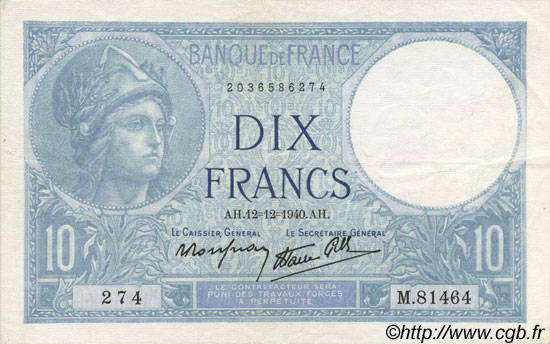 10 Francs MINERVE modifié FRANCIA  1940 F.07.24 SPL+