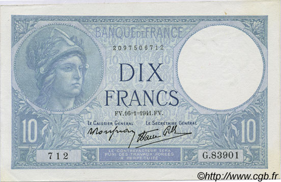 10 Francs MINERVE modifié FRANCE  1941 F.07.28 UNC-