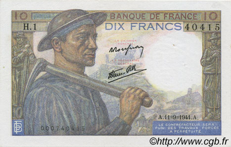 10 Francs MINEUR FRANCE  1941 F.08.01 AU