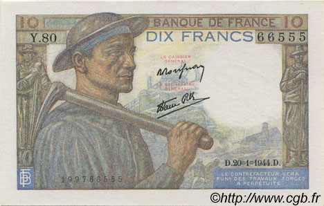 10 Francs MINEUR FRANCIA  1944 F.08.11 FDC