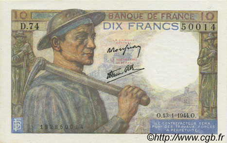 10 Francs MINEUR FRANCE  1944 F.08.11 UNC