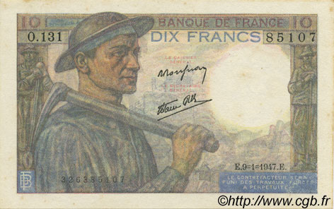 10 Francs MINEUR FRANCIA  1947 F.08.17 AU+