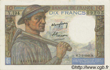 10 Francs MINEUR FRANCE  1949 F.08.21 AU-