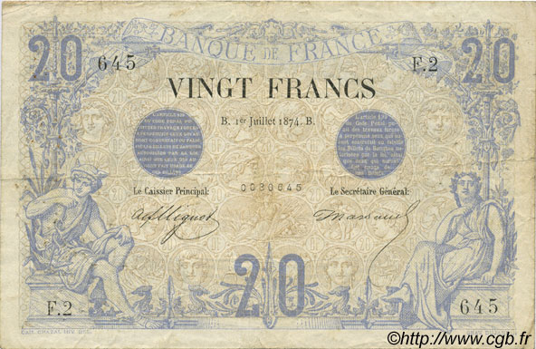 20 Francs NOIR FRANCE  1874 F.09.01 F+