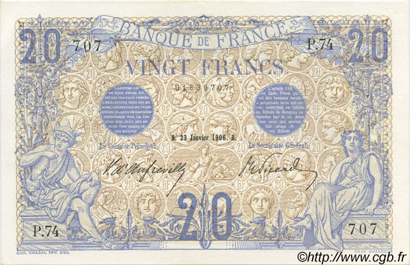 20 Francs BLEU FRANCE  1906 F.10.01 VF - XF