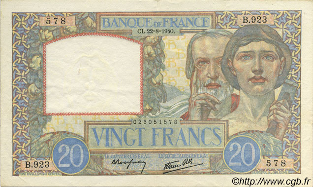 20 Francs TRAVAIL ET SCIENCE FRANCE  1940 F.12.06 XF