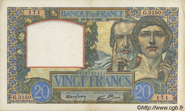20 Francs TRAVAIL ET SCIENCE FRANKREICH  1941 F.12.12 fVZ