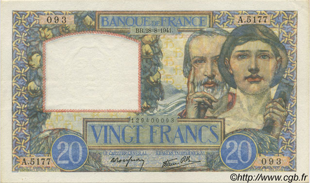 20 Francs TRAVAIL ET SCIENCE FRANCE  1941 F.12.17 XF+