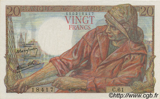20 Francs PÊCHEUR FRANKREICH  1943 F.13.05 fST