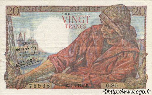 20 Francs PÊCHEUR FRANCE  1943 F.13.06 SUP+