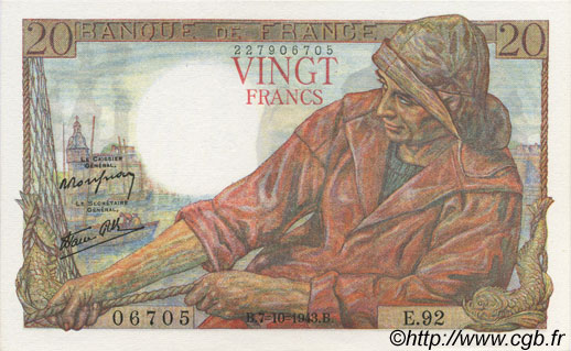 20 Francs PÊCHEUR FRANCE  1943 F.13.07 UNC