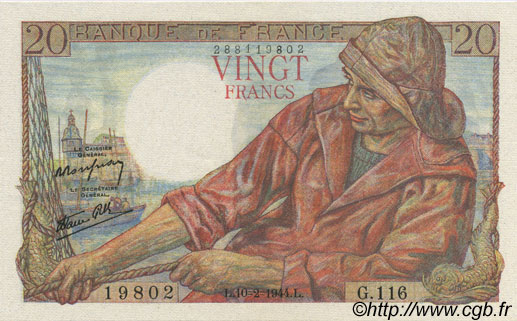 20 Francs PÊCHEUR FRANCE  1944 F.13.08 SPL