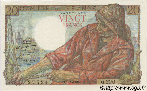 20 Francs PÊCHEUR FRANCE  1949 F.13.15 UNC-