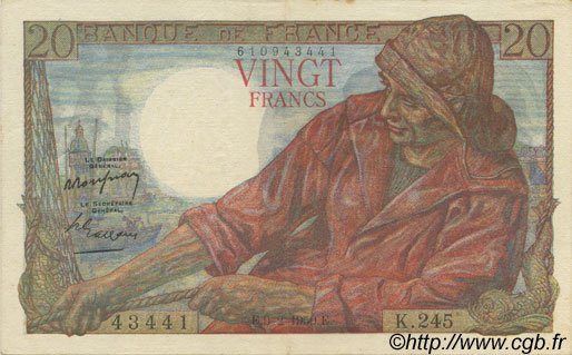 20 Francs PÊCHEUR FRANCE  1950 F.13.17 XF+