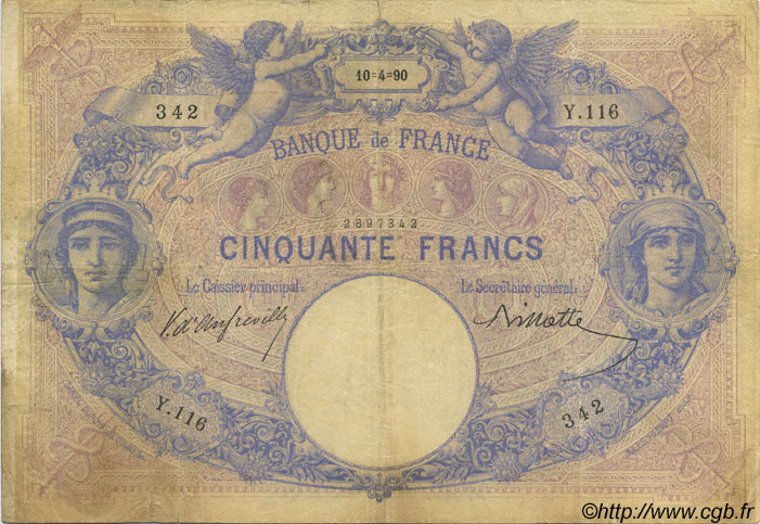 50 Francs BLEU ET ROSE FRANCE  1890 F.14.02 B+