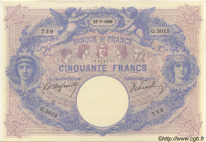 50 Francs BLEU ET ROSE FRANKREICH  1906 F.14.18 VZ+