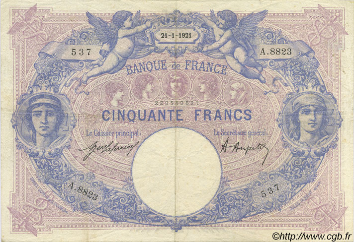 50 Francs BLEU ET ROSE FRANCIA  1921 F.14.34 q.BB