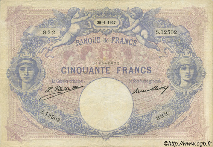50 Francs BLEU ET ROSE FRANCE  1927 F.14.40 F - VF