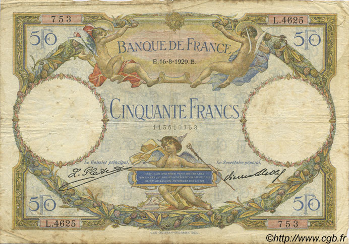 50 Francs LUC OLIVIER MERSON FRANKREICH  1929 F.15.03 SGE to S