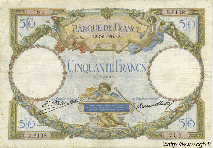 50 Francs LUC OLIVIER MERSON type modifié FRANCIA  1930 F.16.01 q.MB