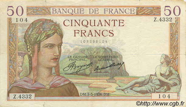 50 Francs CÉRÈS FRANKREICH  1936 F.17.25 SS