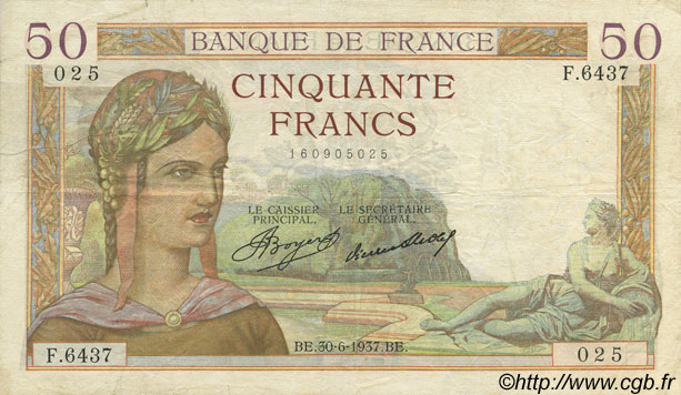 50 Francs CÉRÈS FRANKREICH  1937 F.17.40 fSS