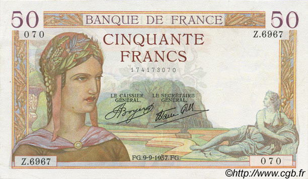 50 Francs CÉRÈS modifié FRANKREICH  1937 F.18.03 VZ