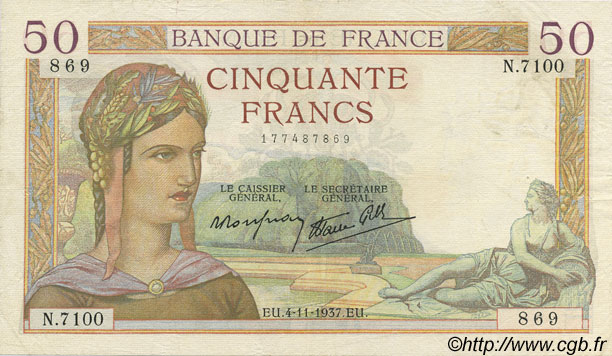 50 Francs CÉRÈS modifié FRANCE  1937 F.18.04 VF