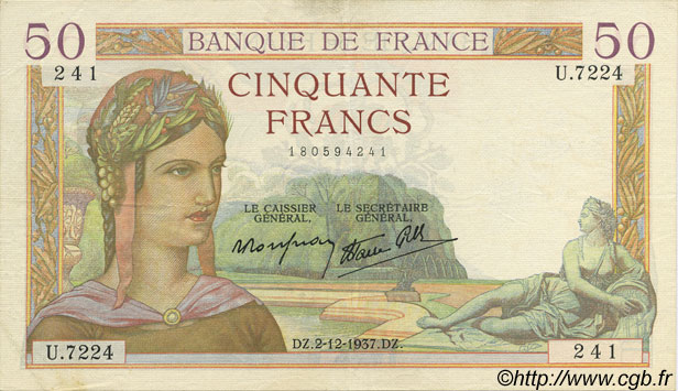 50 Francs CÉRÈS modifié FRANCE  1937 F.18.05 VF+