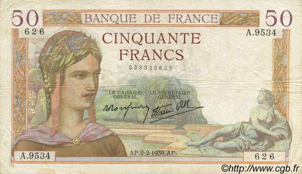 50 Francs CÉRÈS modifié FRANCE  1939 F.18.21 VF