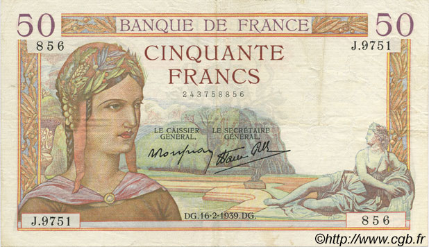 50 Francs CÉRÈS modifié FRANCE  1939 F.18.22 VF - XF