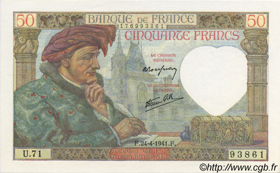 50 Francs Jacques CŒUR FRANCIA  1941 F.19.09 FDC