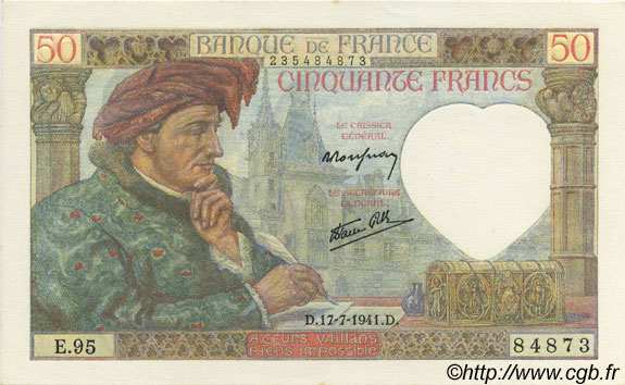 50 Francs Jacques CŒUR FRANCIA  1941 F.19.12 SC+