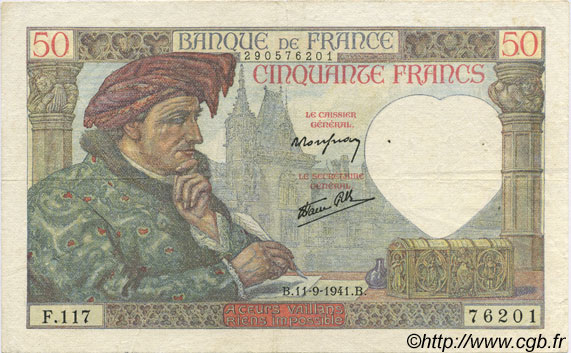 50 Francs Jacques CŒUR FRANCIA  1941 F.19.14 BC+