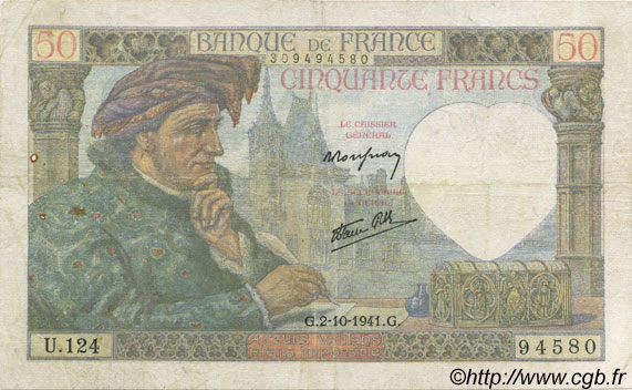50 Francs Jacques CŒUR FRANKREICH  1941 F.19.15 fSS
