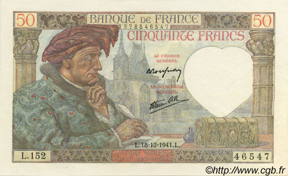 50 Francs Jacques CŒUR FRANCE  1941 F.19.17 UNC-
