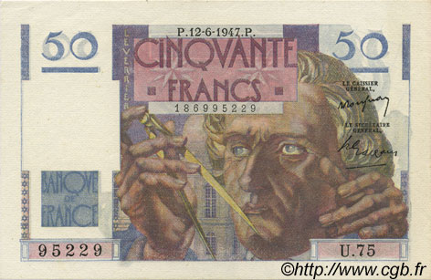 50 Francs LE VERRIER FRANCE  1947 F.20.08 AU+