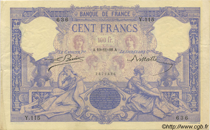 100 Francs BLEU ET ROSE FRANKREICH  1888 F.21.01 fVZ