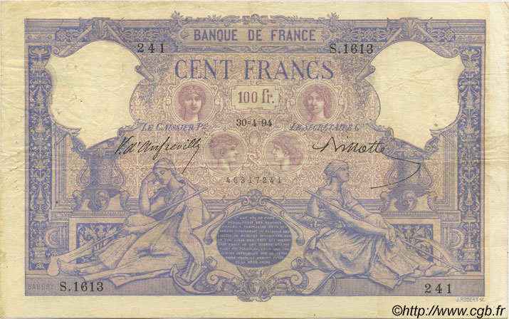 100 Francs BLEU ET ROSE FRANKREICH  1894 F.21.07 S