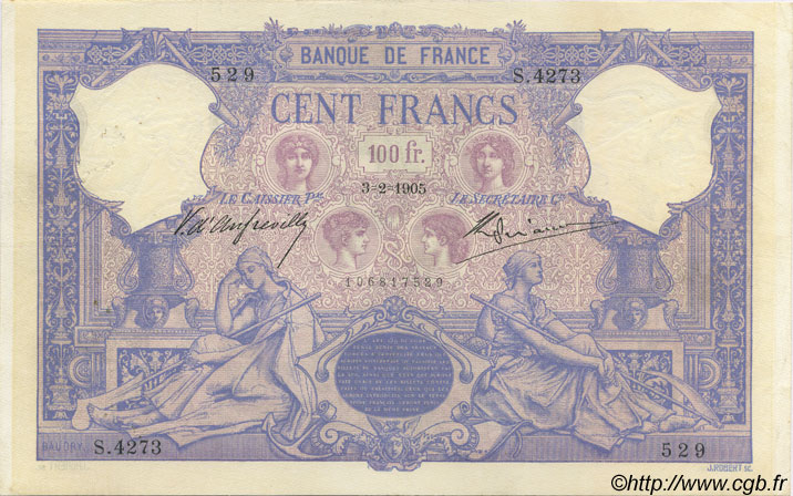 100 Francs BLEU ET ROSE FRANCIA  1905 F.21.19 MBC