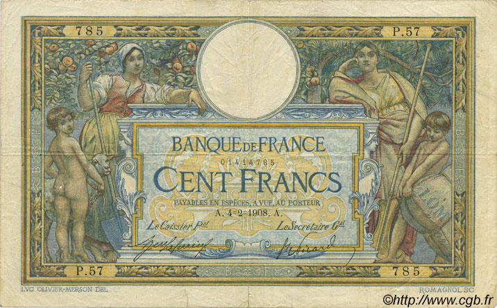 100 Francs LUC OLIVIER MERSON avec LOM FRANCIA  1908 F.22.01 q.MB