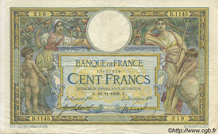 100 Francs LUC OLIVIER MERSON sans LOM FRANCIA  1909 F.23.01 MB a BB