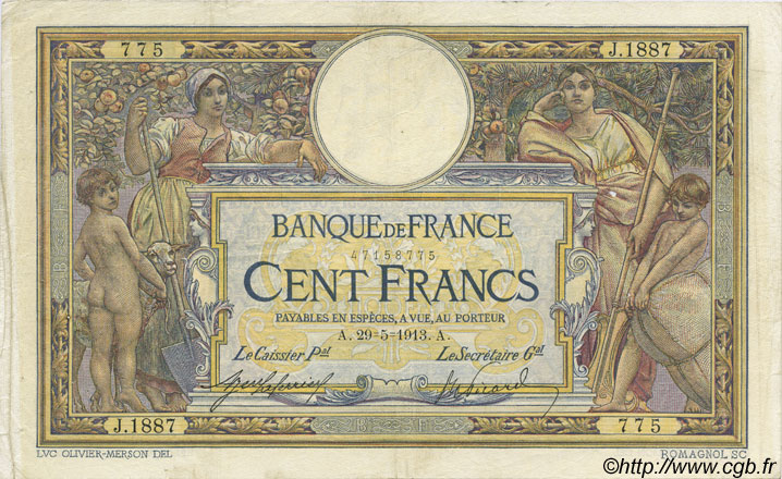 100 Francs LUC OLIVIER MERSON sans LOM FRANCIA  1913 F.23.05 MBC
