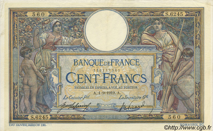 100 Francs LUC OLIVIER MERSON sans LOM FRANCE  1919 F.23.11 XF-
